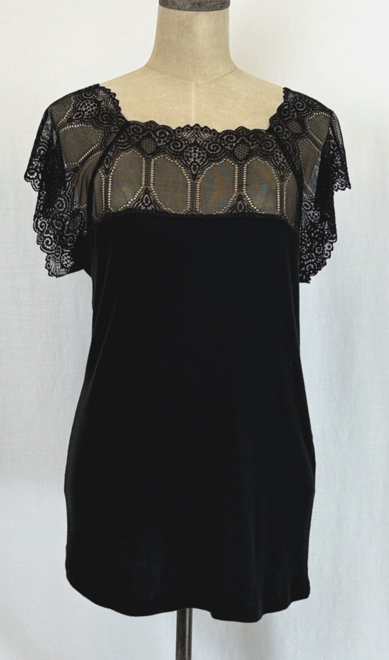 NWT Soya Concept BOUTIQUE Black Short Sleeve Top w/ Lace Detail #0419 XXL